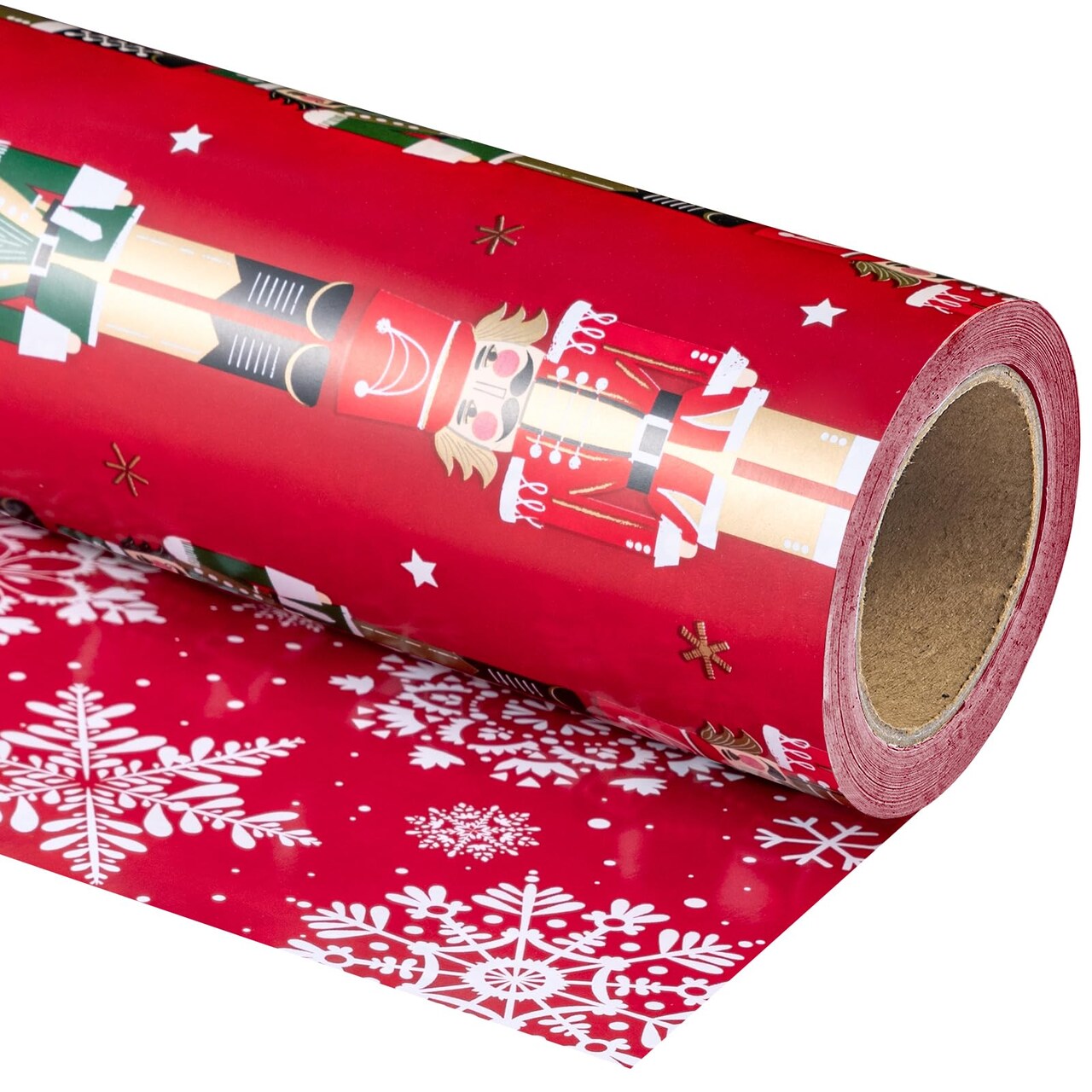Reversible Nutcracker Christmas Wrapping Paper - Mini Roll - 17 Inch x 33 Feet - Red Nutcracker and Snowflake Wrapping Paper for Christmas, Holiday, Party